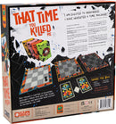The back of the board game 'That Time You Killed Me' by Pandasaurus Games. The design features bold red lettering and a detailed description of the game, which involves time travel strategies. The image shows components like game boards and cards, with whimsical illustrations and a playful, intriguing background.