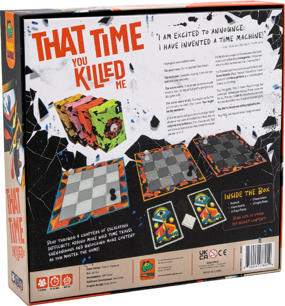 The back of the board game 'That Time You Killed Me' by Pandasaurus Games. The design features bold red lettering and a detailed description of the game, which involves time travel strategies. The image shows components like game boards and cards, with whimsical illustrations and a playful, intriguing background.