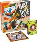 The game 'That Time You Killed Me' by PANDASAURUS GAMES features an artistic box cover showcasing abstract illustrations of hands and hourglasses. The game includes a vibrant playing board with geometric designs and pieces in black and white, positioned on a stylized surface, accompanied by a deck of cards in a colorful box.