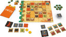 Sobek board game by Pandasaurus Games featuring a colorful game board with various tiles representing resources and characters. The game includes a fabric bag, coins, action tokens, and player pieces strategically placed around the board for engaging gameplay. Ideal for game nights with friends and family.