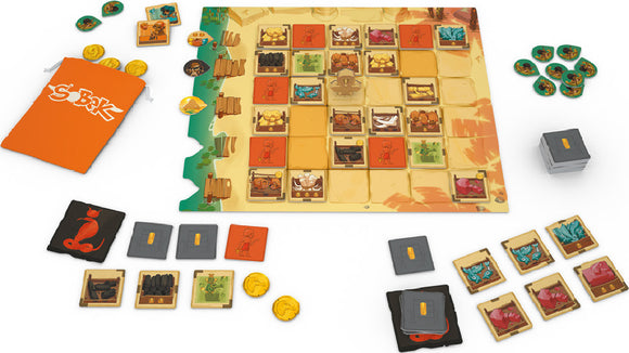 Sobek board game by Pandasaurus Games featuring a colorful game board with various tiles representing resources and characters. The game includes a fabric bag, coins, action tokens, and player pieces strategically placed around the board for engaging gameplay. Ideal for game nights with friends and family.