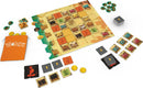 A vibrant board game 'Sobek' by Pandasaurus Games displayed with its components. The game features a colorful game board with various tiles representing different characters and items. Surrounding the board are gold and silver coins, player cards, and a drawstring bag with the game's logo. This engaging game emphasizes strategy and fun, suitable for family and friends.