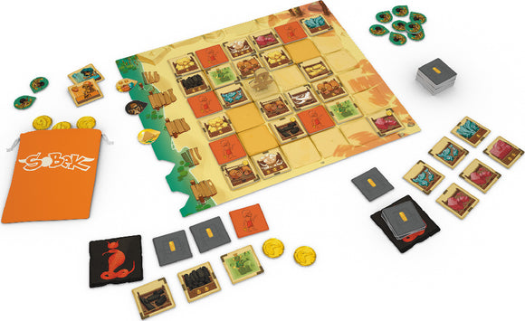 A vibrant board game 'Sobek' by Pandasaurus Games displayed with its components. The game features a colorful game board with various tiles representing different characters and items. Surrounding the board are gold and silver coins, player cards, and a drawstring bag with the game's logo. This engaging game emphasizes strategy and fun, suitable for family and friends.