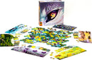 The Wolves game by PANDASAURUS GAMES features a colorful game board filled with intricate terrain and various game pieces. The box showcases an eye-catching design, with a dramatic eye surrounded by fur. Surrounding the box are game components including player boards, tokens, and matching elements that create a vivid gaming experience.