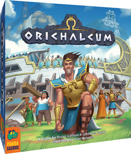 Orichalcum, a strategy board game by PANDASAURUS GAMES featuring vibrant artwork. The box depicts heroic characters in action, with an ancient setting. Perfect for family game nights or gatherings.