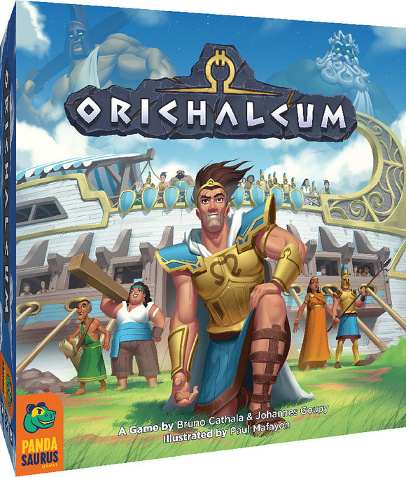 Orichalcum, a strategy board game by PANDASAURUS GAMES featuring vibrant artwork. The box depicts heroic characters in action, with an ancient setting. Perfect for family game nights or gatherings.