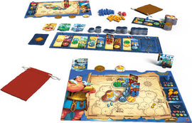 Orichalcum game by PANDASAURUS GAMES displayed on a table. The game includes colorful player pieces, coins, cards, and a detailed game board featuring a map design and character illustrations, all arranged for gameplay.
