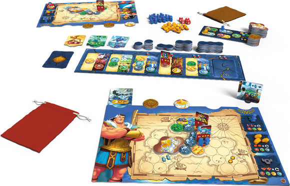 Orichalcum game by PANDASAURUS GAMES displayed on a table. The game includes colorful player pieces, coins, cards, and a detailed game board featuring a map design and character illustrations, all arranged for gameplay.
