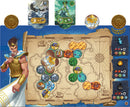 Orichalcum board game by PANDASAURUS GAMES featuring a map with colorful regions, various tokens, and a strong character in armor. The game includes illustrations of mythical themes, highlighting important gameplay elements and strategies.