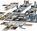 A detailed game setup of Dead of Winter: A Crossroads Game by Plaid Hat Games. The image showcases the game board with various character tokens, player boards, cards, and dice, depicting a post-apocalyptic scenario where players work together while facing individual objectives and moral dilemmas.