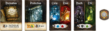 Res Arcana game by Sand Castle featuring beautifully illustrated cards showcasing themes of divination, protection, calm, elan, death, and life, alongside a scoring token.
