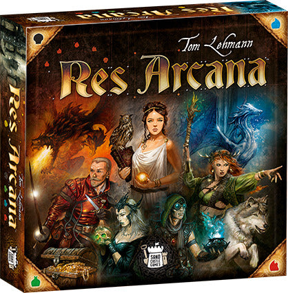 Res Arcana board game by Sand Castle featuring vibrant artwork with characters, mystical creatures, and magical elements, perfect for strategy game enthusiasts.
