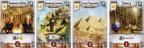 A collection of four intricate game cards from Res Arcana, designed by Sand Castle. The cards depict artistic representations of Solomon's Mine, Hanging Gardens, Great Pyramid, and Library, each including various symbols and point values, creating a visually engaging layout that showcases the game's theme of civilization and magic.