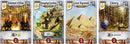 A collection of four intricate game cards from Res Arcana, designed by Sand Castle. The cards depict artistic representations of Solomon's Mine, Hanging Gardens, Great Pyramid, and Library, each including various symbols and point values, creating a visually engaging layout that showcases the game's theme of civilization and magic.