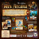 The back cover of the game Res Arcana by Sand Castle, featuring a richly illustrated layout. It includes details about gameplay, player roles, and components like cards and a game board. The artwork shows a mystical theme with an alchemist preparing potions and highlights strategic elements for 2-4 players. Ideal for fans of strategic and adventure tabletop games.