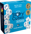 Rory's Story Cubes Actions game featuring a colorful box with illustrations of dice and characters engaged in different actions. The box reads 'Roll the cubes. Make a story.' and includes award badges highlighting its popularity and recognition. The design showcases several dice with action-related icons, inviting players to create unique narratives.