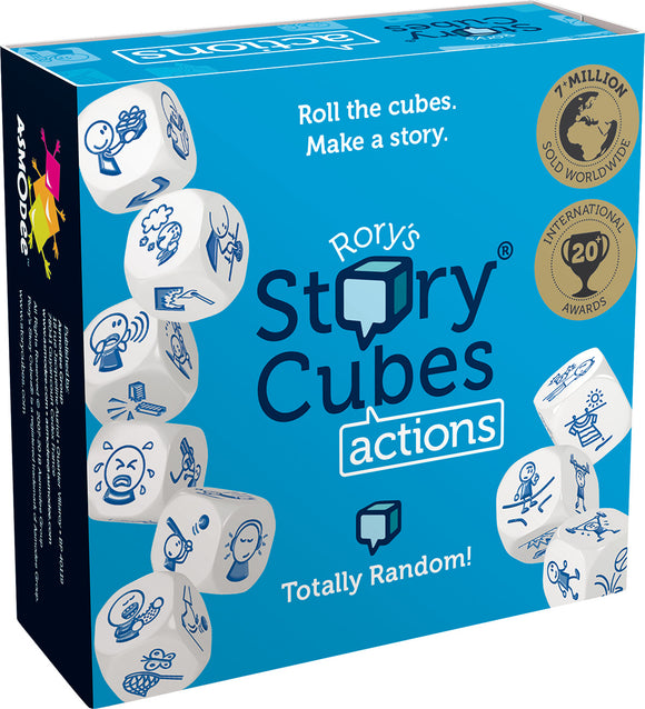 Rory's Story Cubes Actions game featuring a colorful box with illustrations of dice and characters engaged in different actions. The box reads 'Roll the cubes. Make a story.' and includes award badges highlighting its popularity and recognition. The design showcases several dice with action-related icons, inviting players to create unique narratives.