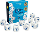 Rory's Story Cubes Actions game by Zygomatic. The packaging features vibrant blue colors and illustrations of action-themed dice. The image shows several dice with playful graphics like a person juggling, a surprised face, and various action icons scattered around. The cubes encourage imaginative storytelling, inviting players to roll and create unique stories.