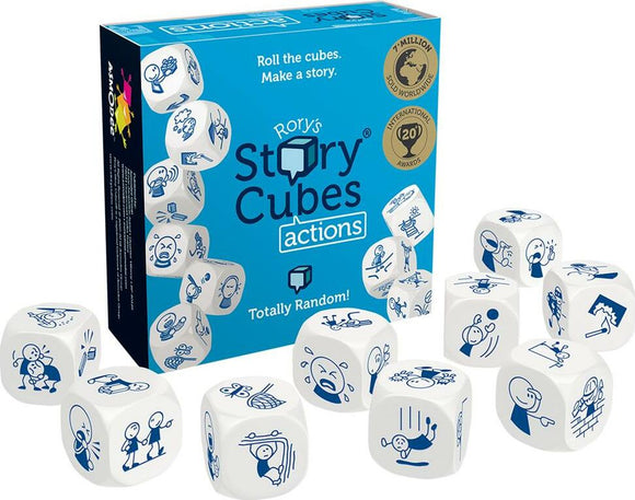 Rory's Story Cubes Actions game by Zygomatic. The packaging features vibrant blue colors and illustrations of action-themed dice. The image shows several dice with playful graphics like a person juggling, a surprised face, and various action icons scattered around. The cubes encourage imaginative storytelling, inviting players to roll and create unique stories.