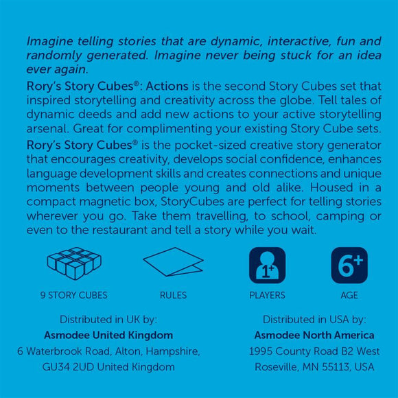 Rory's Story Cubes: Actions game by Zygomatic. Features nine dice with dynamic storytelling prompts, housed in a compact magnetic box. Promote creativity and enhance social skills for players aged 6 and up. Ideal for travel, school, or family gatherings.
