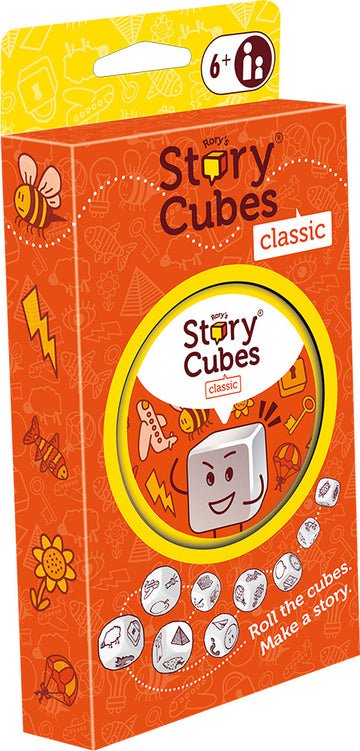 Rory's Story Cubes Eco-Blister pack showcasing vibrant orange packaging featuring playful graphics. The front displays a smiling cube character and illustrations of various objects and symbols, inviting players aged 6 and up to roll the dice and create imaginative stories. Great for family game nights and creativity.
