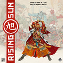 Rising Sun board game featuring a striking illustration of a samurai warrior in ornate armor wielding a sword. The background showcases a vibrant scene of mythical creatures and other warriors in battle, emphasizing the game's immersive thematic elements.