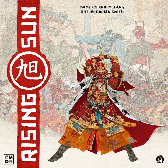 Rising Sun board game featuring a striking illustration of a samurai warrior in ornate armor wielding a sword. The background showcases a vibrant scene of mythical creatures and other warriors in battle, emphasizing the game's immersive thematic elements.