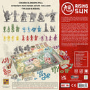 Rising Sun board game featuring a vibrant game board with detailed plastic miniatures representing various clans and mythical creatures. The components include cards, turn markers, and a score board. The artwork highlights elements of feudal Japan with thematic cherry blossoms. Suitable for 3-5 players, ages 14 and up, it offers complex strategies and alliances in a battle for control.
