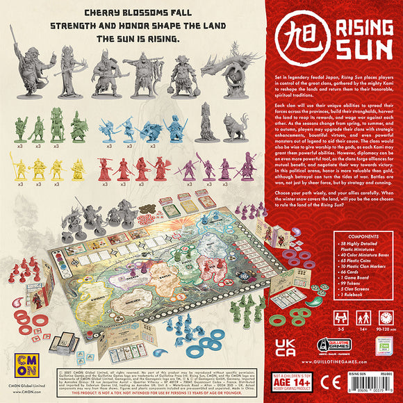 Rising Sun board game featuring a vibrant game board with detailed plastic miniatures representing various clans and mythical creatures. The components include cards, turn markers, and a score board. The artwork highlights elements of feudal Japan with thematic cherry blossoms. Suitable for 3-5 players, ages 14 and up, it offers complex strategies and alliances in a battle for control.