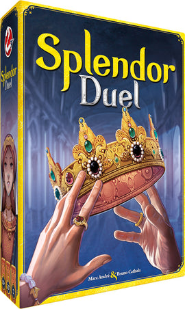 The box of the game 'Splendor Duel' designed by Space Truckers. It features an illustration of two hands reaching for a jeweled crown, with a regal castle backdrop, embodying themes of strategy and competition.