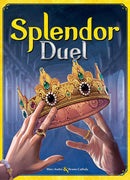 The game 'Splendor Duel' by Space Truckers features a beautifully illustrated box cover depicting two hands reaching for a golden crown adorned with colorful jewels. The vibrant artwork captures the essence of competition and regal themes, inviting players to engage in strategic gameplay.