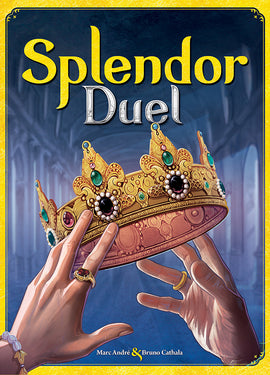 The game 'Splendor Duel' by Space Truckers features a beautifully illustrated box cover depicting two hands reaching for a golden crown adorned with colorful jewels. The vibrant artwork captures the essence of competition and regal themes, inviting players to engage in strategic gameplay.