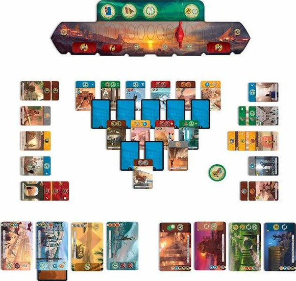 A strategic board game setup of '7 Wonders Duel' by Asmodee, featuring a colorful arrangement of cards and tokens. The game board showcases two player areas with resource cards, civilization cards, and a score track, set against a vibrant background depicting ancient wonders.