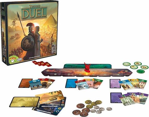 7 Wonders Duel board game box with components spread out. Features a vibrant cover art depicting soldiers in ancient times. Includes game board, cards, tokens, and a red player figure, showcasing gameplay elements for strategic two-player competition.