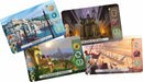 Three vibrant game cards from the board game 7 Wonders Duel, featuring detailed illustrations of Piraeus, The Hanging Gardens, and The Statue of Zeus. Each card displays unique resources, victory points, and strategic gameplay elements.