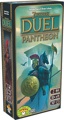The box of the game '7 Wonders Duel: Pantheon' by Asmodee. The artwork features a Greek warrior with a shield and a helmet, set against a backdrop of classical architecture. This two-player strategy game is designed for ages 10 and up and typically takes around 30 minutes to play.