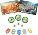 Game pieces and cards from the 7 Wonders Duel: Pantheon by Asmodee. Includes 'The Sanctuary' and 'The Divine Theater' cards, various tokens representing engineering, mysticism, and more, showcasing vibrant artwork and strategic elements for engaging gameplay.