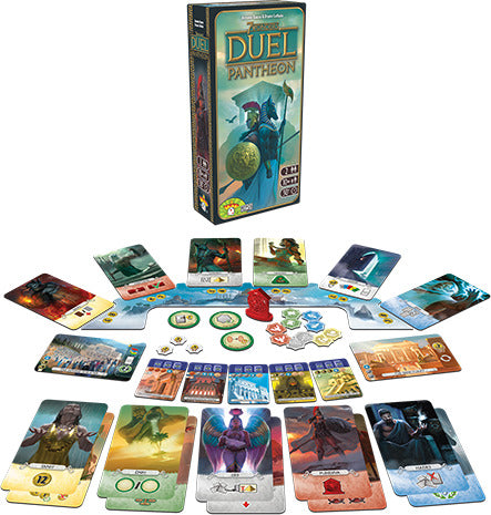 7 Wonders Duel: Pantheon board game by Asmodee displayed with its box. The game includes various cards depicting mythological figures and resources laid out on a table, showcasing gameplay components such as tokens and game symbols.
