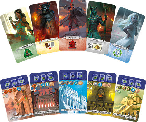A collection of cards from the game '7 Wonders Duel: Pantheon' by Asmodee. The top row features various deities including Ishtar, Baal, Minerva, Anubis, and Aphrodite, depicted in vibrant art. The bottom row displays Grand Temple illustrations representing Egyptian, Roman, Greek, and Phoenician cultures, showcasing detailed architectural designs and symbols related to the game mechanics.