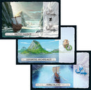 Three game cards from the 7 Wonders: Armada board game by Asmodee. The cards depict various maritime scenes: Frothy Harbor featuring a ship, Luxurious Archipelago showcasing a mountain island, and Topaz Island with a boat on serene waters. Each card has distinctive icons and text related to gameplay.