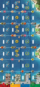 A close-up view of the game board from 7 Wonders: Armada by Asmodee. The board features various colored sections, numbered spaces, and unique icons representing resources and actions available in the game. The vibrant blue background symbolizes water, with hints of land and structures depicted along the edges, providing a strategic play area for players engaging in this popular tabletop game. Ideal for enhancing strategic thinking and competitive gameplay.