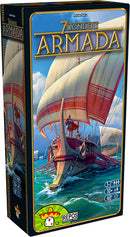 The box for the board game '7 Wonders: Armada' by Asmodee, featuring a vibrant illustration of ancient ships sailing on a blue ocean. The artwork showcases detailed sails, waves, and a colorful backdrop, inviting players to engage in naval strategy and exploration.