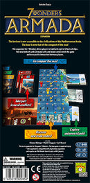 The back of the board game '7 Wonders: Armada' by Asmodee showcases an engaging game setup. The game features a colorful game board with various action cards and tokens, depicting naval conflicts and exploration in the Mediterranean. Descriptive text highlights the game's objective: to conquer the seas, take part in naval battles, and discover new islands. Geared toward players aged 14 and up, it supports 2 to 7 players for fun, strategic gameplay.