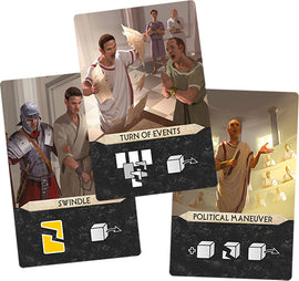 Three game cards from the 7 Wonders Duel: Agora Expansion by Sevos. The cards feature various actions including 'Turn of Events,' 'Swindle,' and 'Political Maneuver,' illustrated with ancient Roman characters and detailed artwork that enhances gameplay strategy.