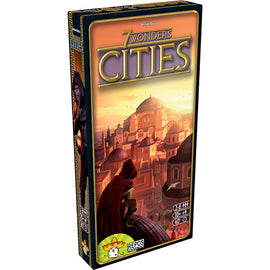The game '7 Wonders: Cities' by Asmodee, featuring colorful artwork on the box that shows a panoramic view of ancient cities. The box is styled with vibrant colors and includes iconic structures, conveying a sense of exploration and strategy. The title '7 Wonders: Cities' is prominently displayed at the top, appealing to game enthusiasts.