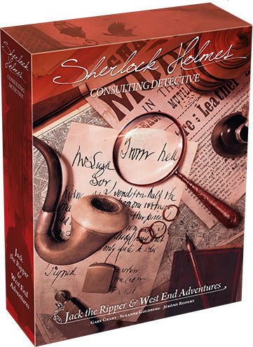 Sherlock Holmes Consulting Detective: Jack the Ripper & West End Adventures game box. The cover features a vintage style design with a magnifying glass, a pipe, and various documents, including a letter and newspaper clippings, alluding to the investigative theme of the game. The title is prominently displayed at the top in elegant script.