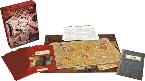 Sherlock Holmes Consulting Detective: Jack the Ripper & West End Adventures game box featuring a detailed map, investigative reports, and character cards. This immersive detective game invites players to solve intriguing mysteries surrounding Jack the Ripper in Victorian London.