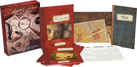 Sherlock Holmes Consulting Detective: Jack the Ripper & West End Adventures game by Asmodee. The box cover features Sherlock Holmes imagery, including a magnifying glass, along with various game components such as maps, case files, and clues arranged neatly around the box. The game invites players to solve mysteries as they delve into the dark history of Jack the Ripper in London's West End.
