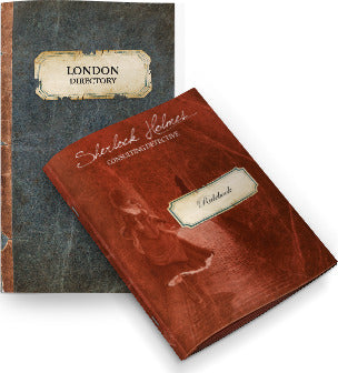 A close-up image featuring two booklets related to the board game 'Sherlock Holmes Consulting Detective: Jack the Ripper & West End Adventures'. The first booklet is titled 'London Directory' with a vintage design, while the second is labeled 'Sherlock Holmes Consulting Detective' showcasing an artistic depiction of Sherlock Holmes on the cover.