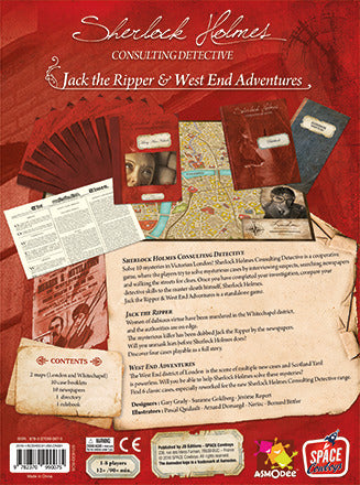 Sherlock Holmes Consulting Detective: Jack the Ripper & West End Adventures game by Asmodee. Features a colorful game board, cards, and character illustrations. Engaging for mystery enthusiasts.